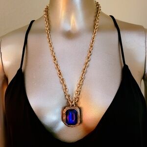 Vintage Signed Don Lin Baroque Blue Emerald Cut Crystal on Gold Link Chain